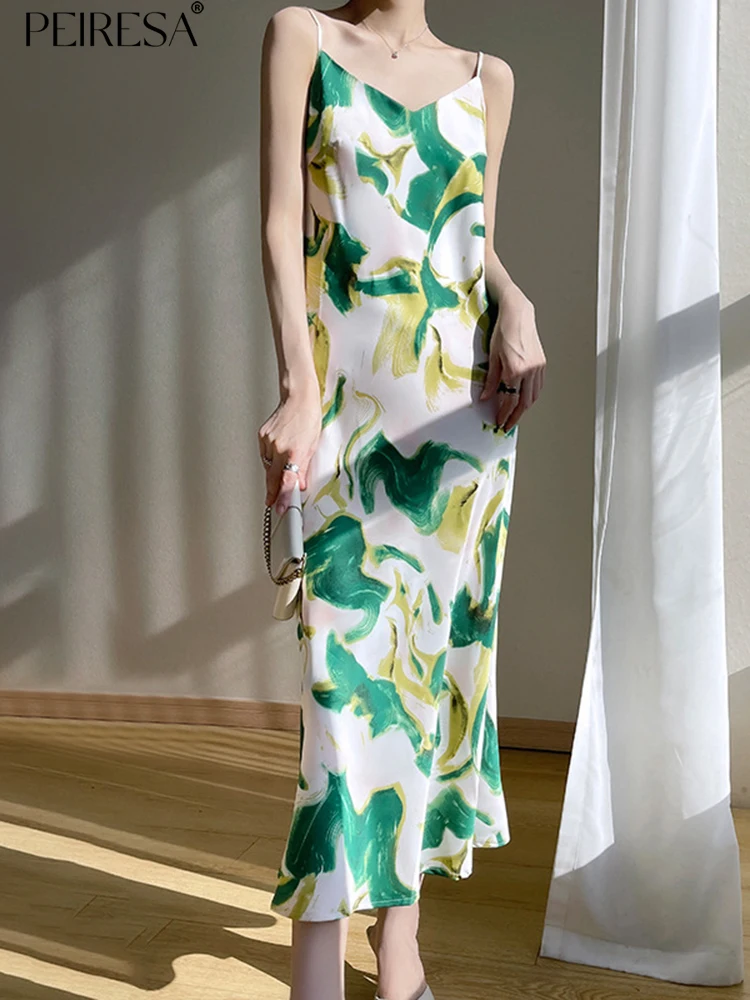

PEIRESA French Elegant Spaghetti Strap Floral Print Dress Women 2023 Summer New Sling Sleeveless Midi Dresses Fashion Vestidos
