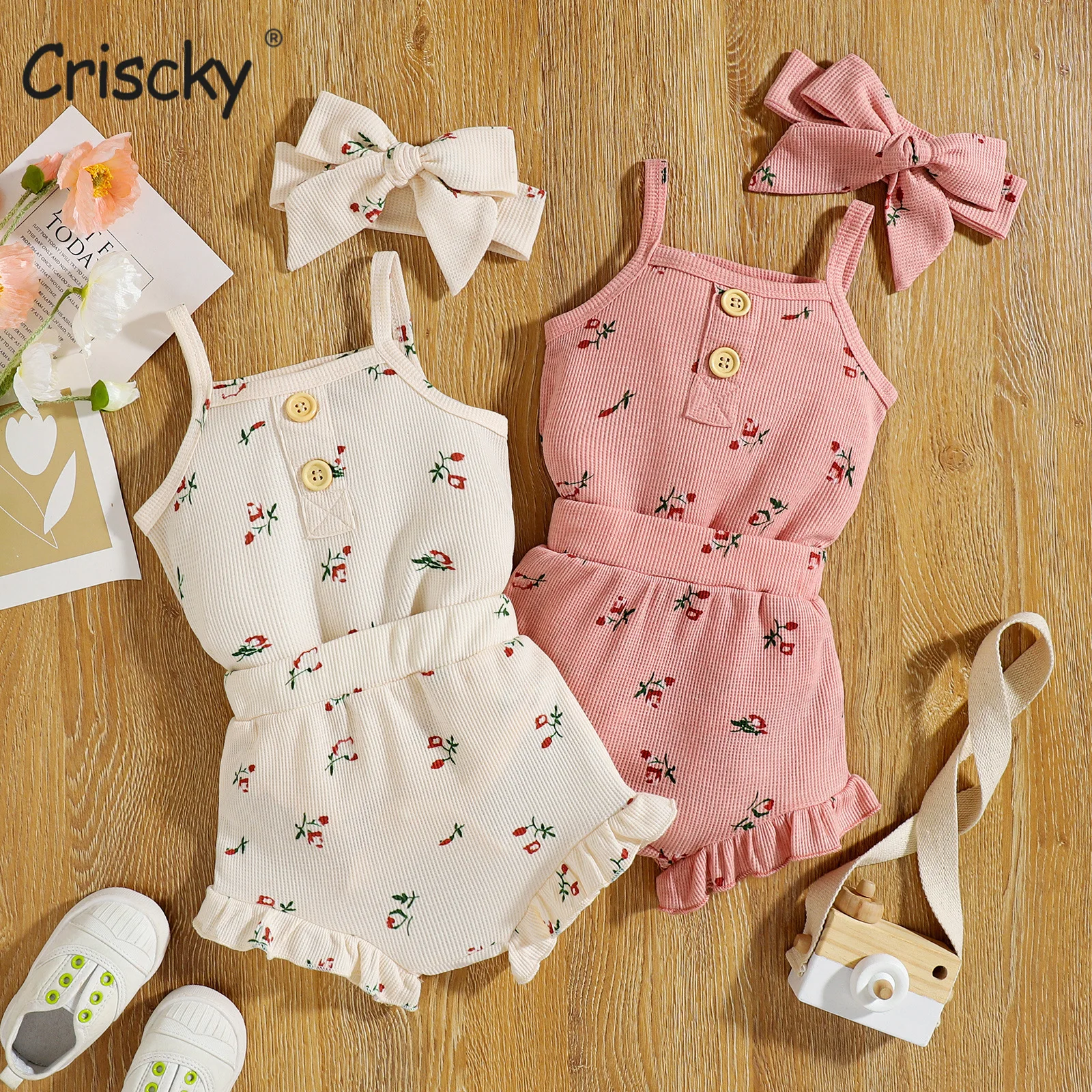 

Criscky 3Pcs Newborn Summer Baby Girls Clothes Set Toddler Strap Romper Infant Cute Outfit Ruffle Short Sleeve Shorts Headband