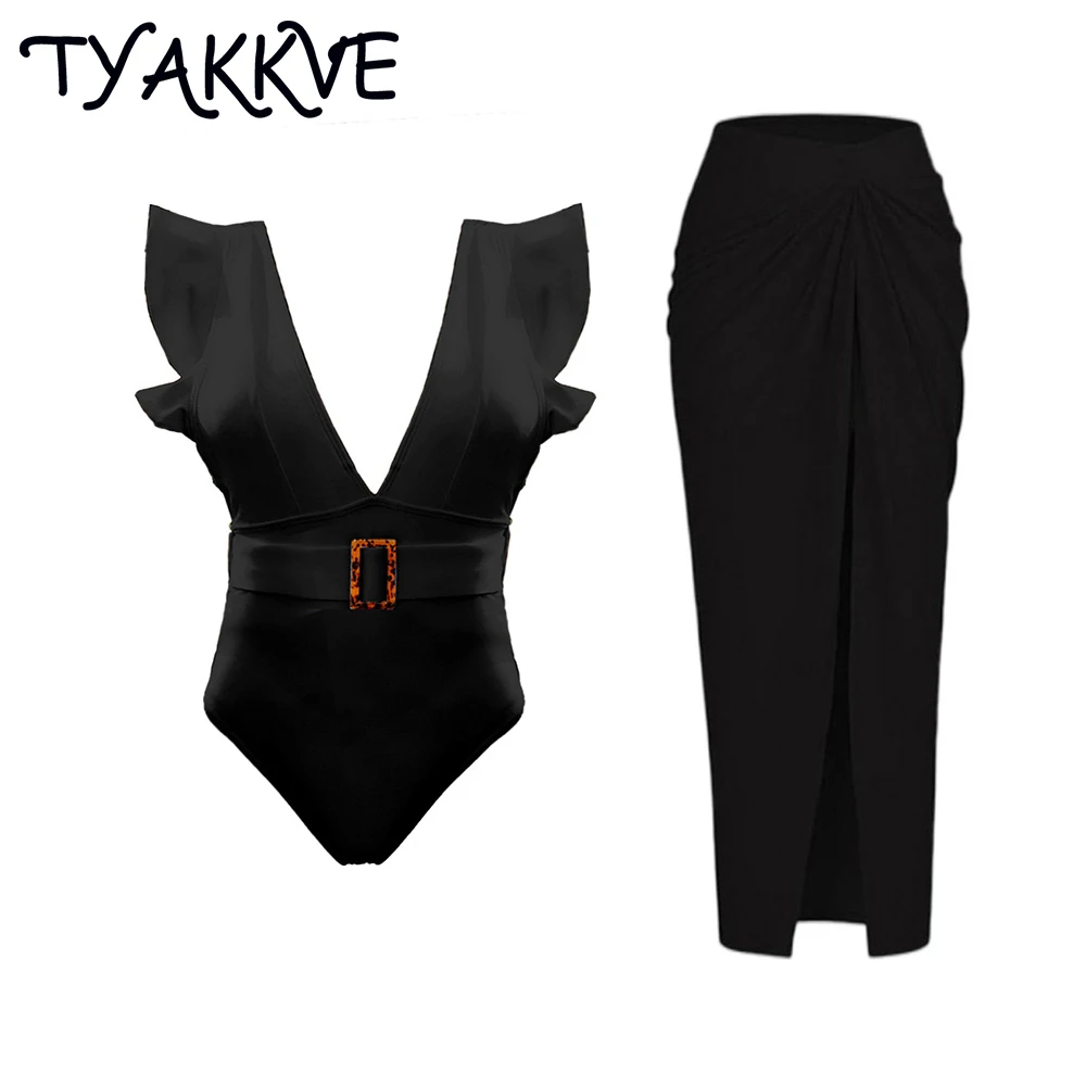 TYAKKVE 2024 женский купальник и юбка в стиле ретро с рюшами глубоким v-образным