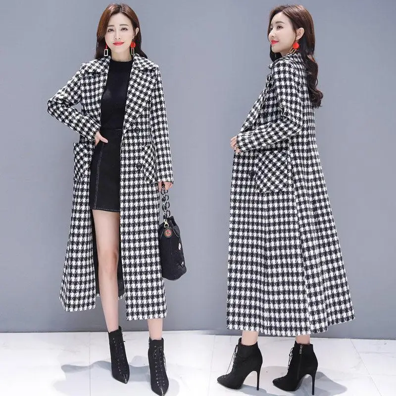 

2023 Autumn Brand Windbreaker Coat Women Trench Fashion Houndstooth Long Slim Parkas Jacket Female Tweed Outerwear Overcoat