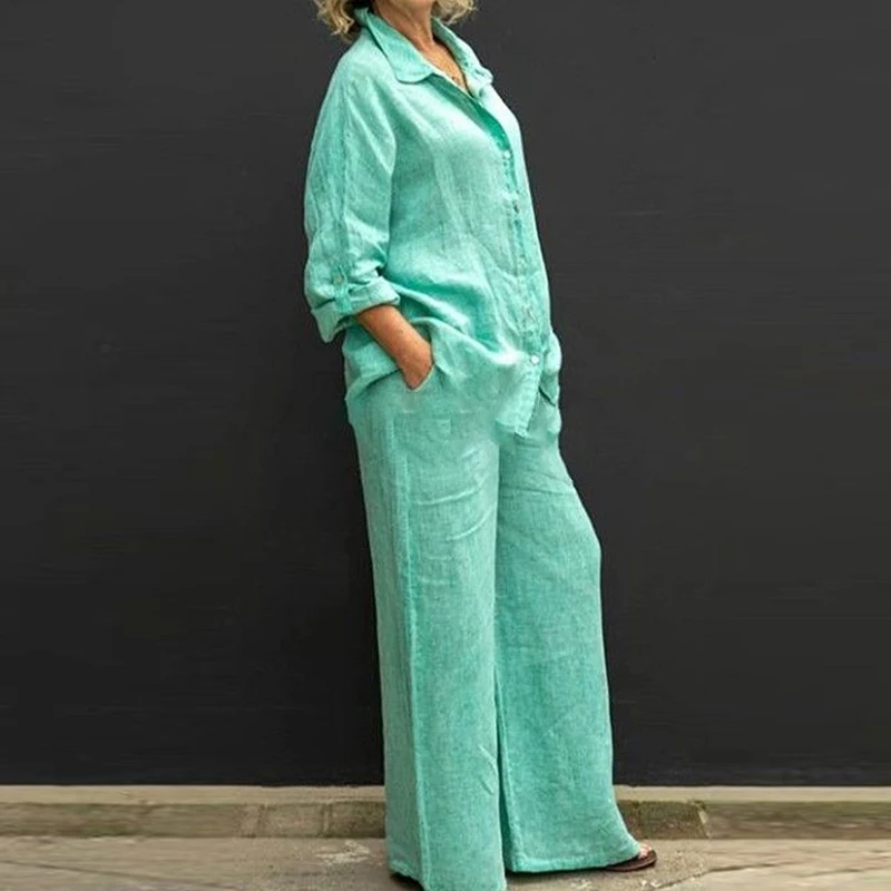 Autumn Cotton Linen Loose 2 Piece Set Women Lapel Shirt & Wide Leg Pants Solid Color Suit 2022 Spring Long Sleeve Elegant Outfit