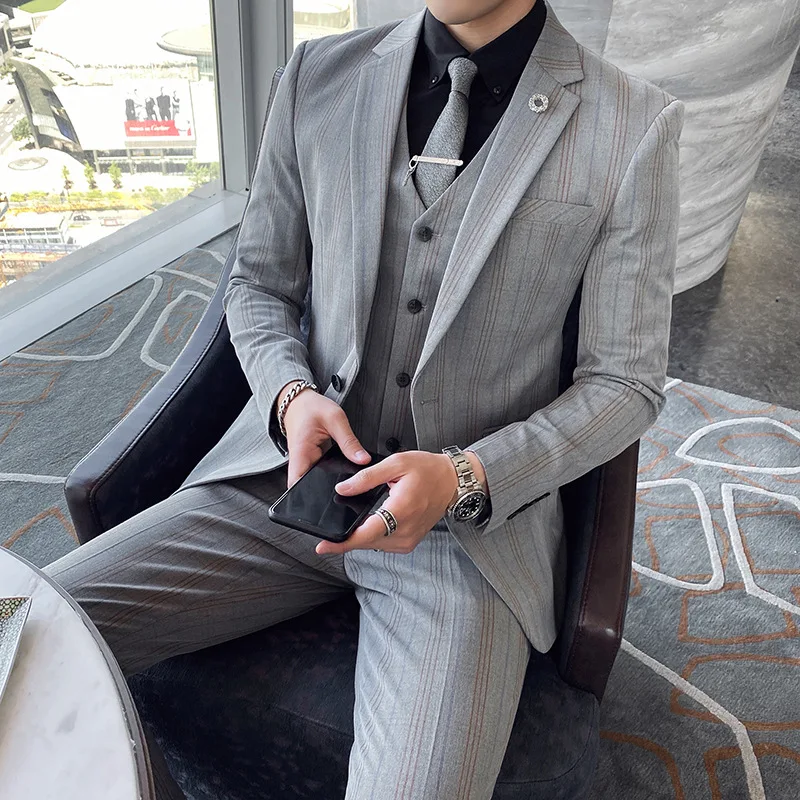 

Boutique (Blazer + Vest + Trousers) Men's Fashion Business Slim Striped Elegant Gentleman Casual Dress Formal 3-Piece Set