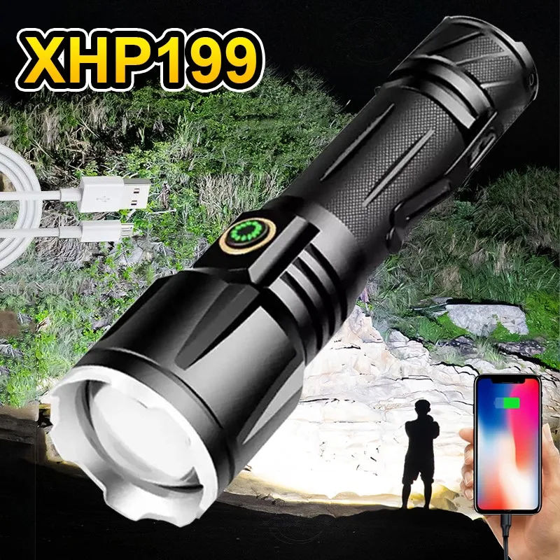 

Супер мощный яркий светодиодный фонарик XHP199, Перезаряжаемый USB фонасветильник 18650, Мощный тактический фонарь XHP50, охотничий фонарь