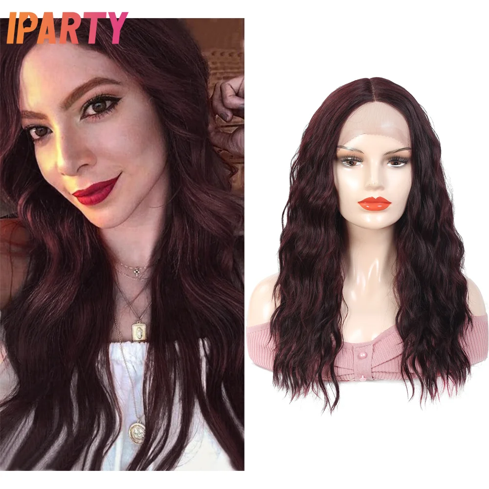 

Iparty синтетические кружева длинный волнистый парик Красный Коричневый цвет 20 дюймов средняя часть термостойкие волокна парики для женщин многоцветные ежедневные