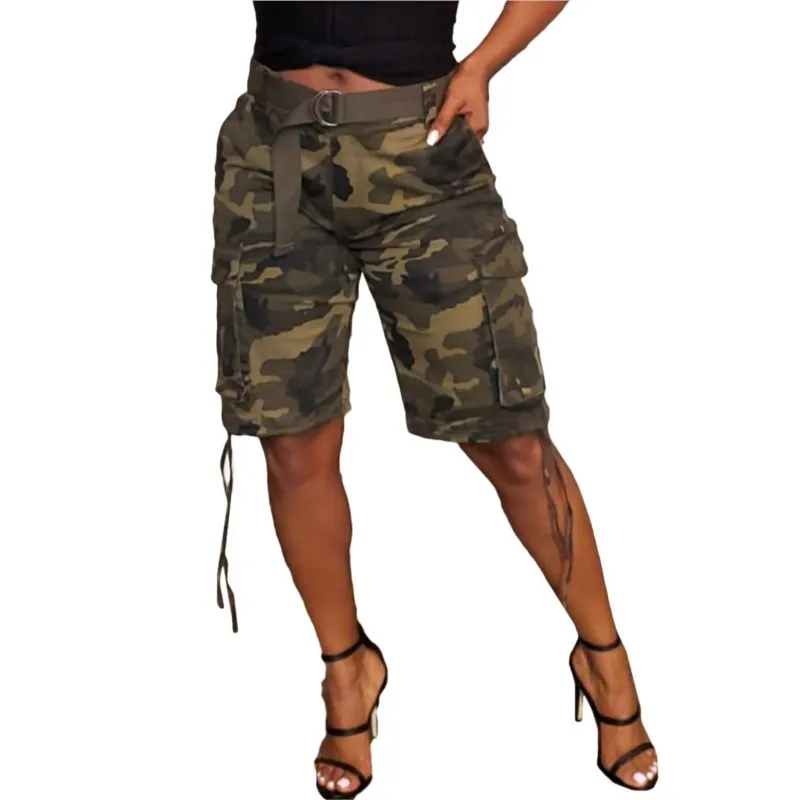 

Camouflage Five Point Pants Women's Spring Summer New Drawstring Multi Pocket Overalls Fashion Mid Rise Straight Leg Pants 2023