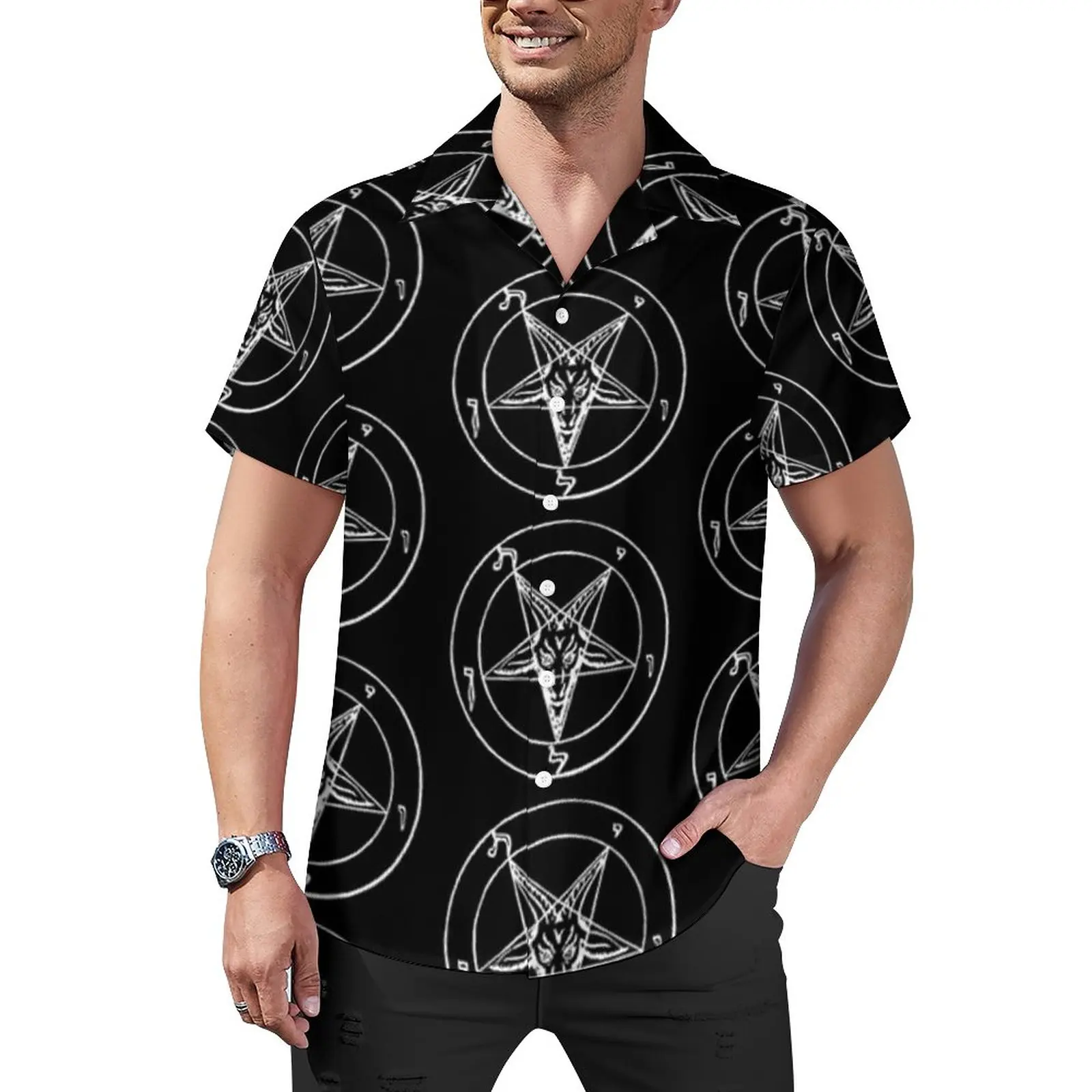 

Baphomet Casual Shirt Sacred Geometry Symbol Beach Loose Shirt Hawaiian Vintage Blouses Short Sleeve Pattern Oversized Clothes