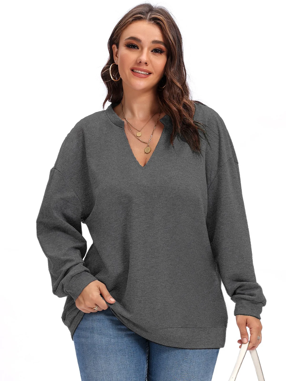 HAOOHU hot selling solid colour V-neck women's plus size t-shirt long sleeve sweater fashion knitted tops autumn and winter new