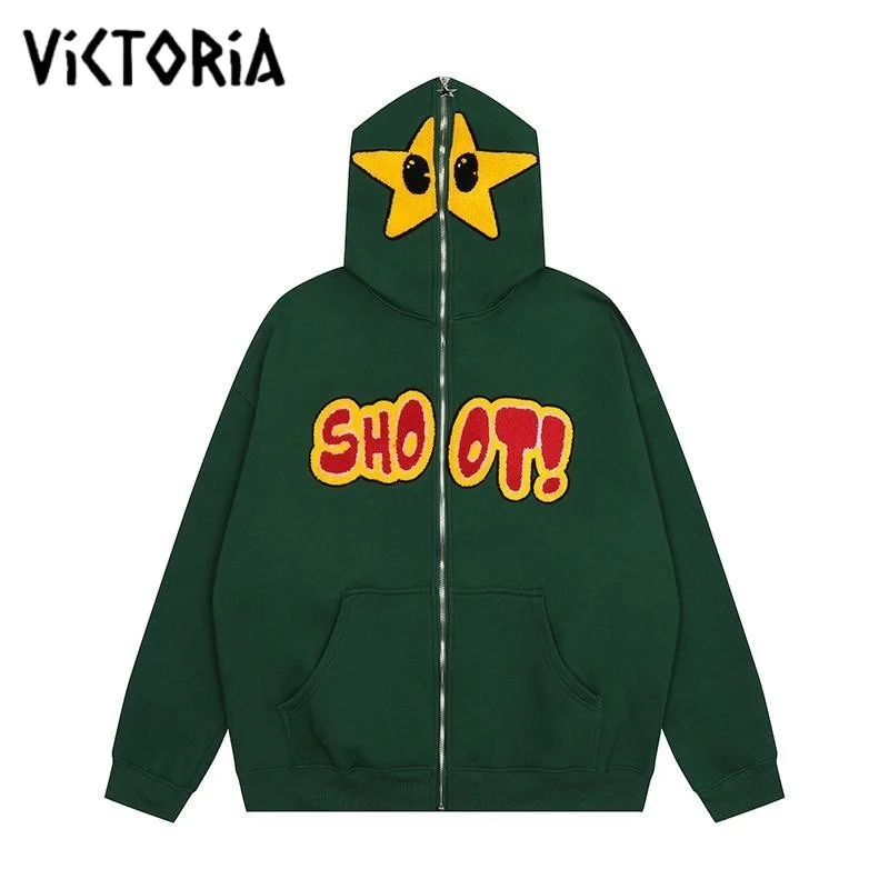 

Star Towel Embroidered Letters Oversized Pullover Plush Hoodie Men Women Loose American Casual Zipper Jacket New