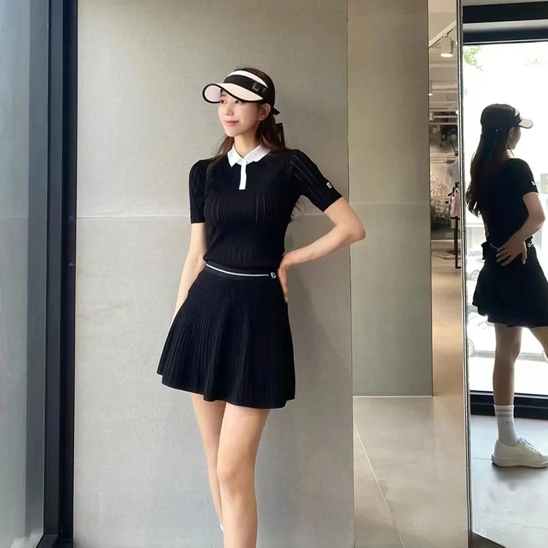 

Golf women's Korean version autumn sports fast drying knitting half sleeve top a-umbrella skirt pants slim suit