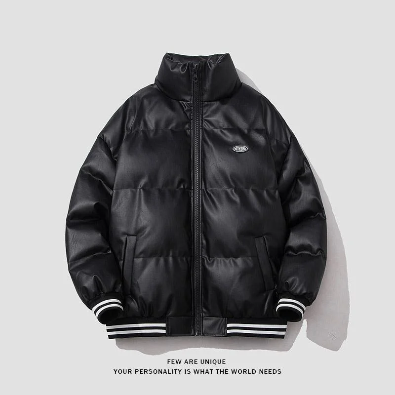 Pu Leather Men's Cotton Winter Coat Warm Plus Velvet Padded Winter High Collar Jacket Men