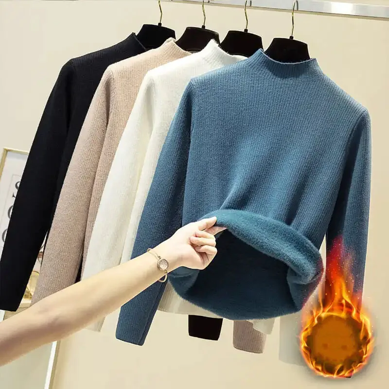 

Half Turtleneck Thickened Women's Sweater Winter Fleece Thickened Warm Knitted Bottoming Shirt Fleece One-piece Free Shipping
