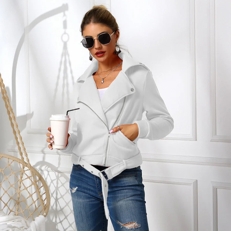 Women 2021 New Autumn Motorcycle Jacket Zipper Faux Soft Leather Jacket Short Leather Jacket Ladies Basic Street Coat Black Red