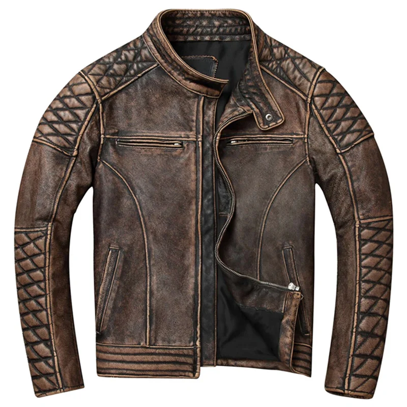 

Мужская винтажная байкерская куртка, толстая байкерская куртка из 100% натуральной воловьей кожи на осень и зиму