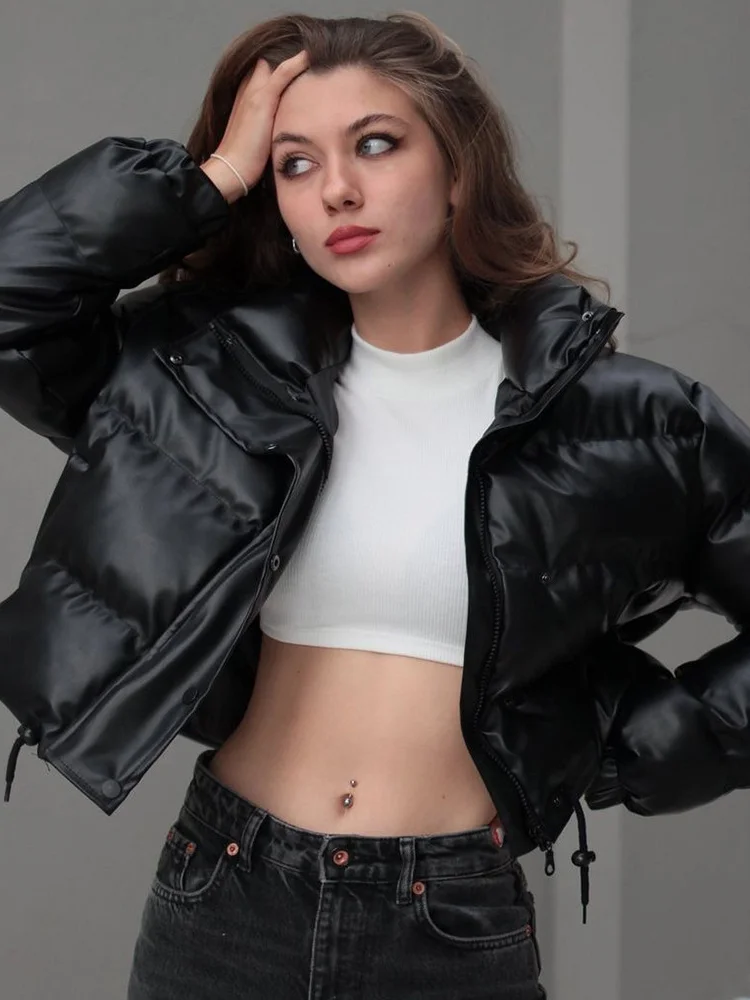 Fashion Stand Collar Zipper Thick Warm Black PU Leather Jacket 2022 Women's Winter Casual Solid Puff Parka Padded Coat Streetwea