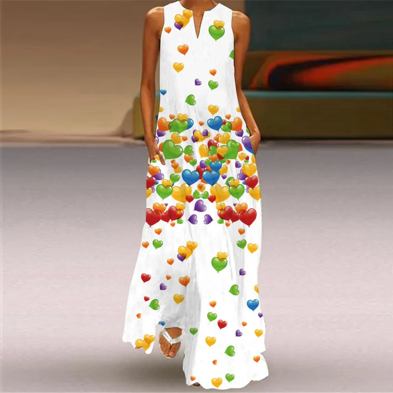 

Spring Summer White Dress Elegant Casual Holiday Beach Long Dresses Party Sleeveless Loose Heart Print Maxi Dress Women Vestidos