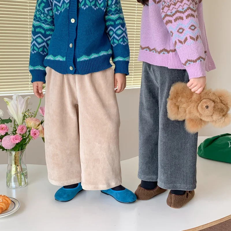 Autumn Kids corduroy all-match wide leg trousers Boys and Girls solid color loose straight-leg pants