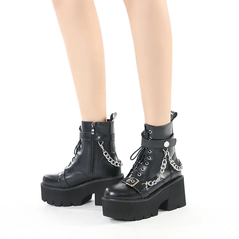 Women Round Toe Cross-tied Chunky Heel Motorcycle Boots Fashion Metal Chain Belt Buckle Thick Platform Ankle Boots