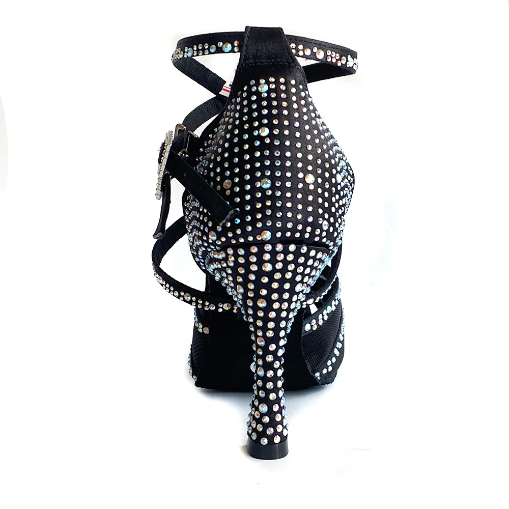 Indoor Dance Shoes Rhinestones Black Satin Latin Shoes Suede Outsole Soft insole Salsa Competitive Dancing Shoes For Latin