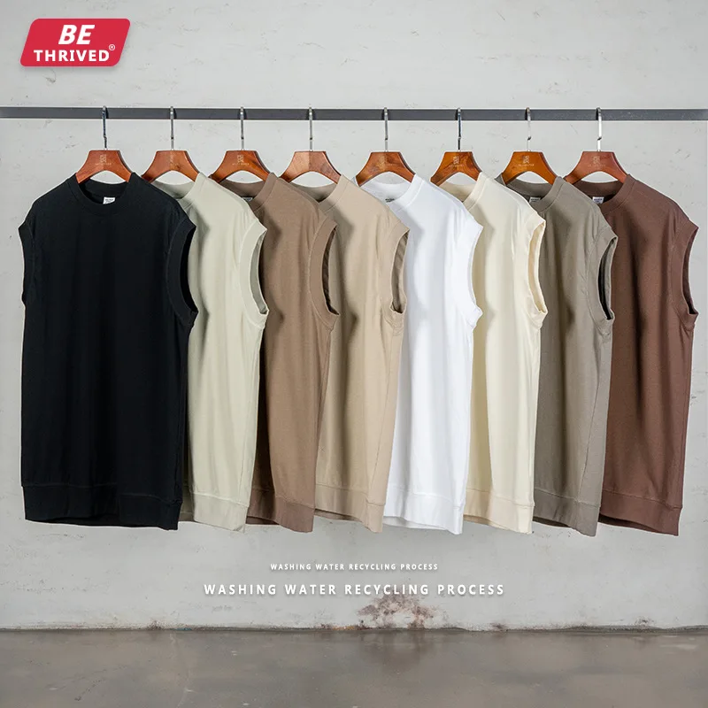 

BE Men's Clothing|2022 Spring/Summer Fog New 250g Solid Color 100% Cotton Threaded Hem Sports Loose High Street Tide Brand Vest