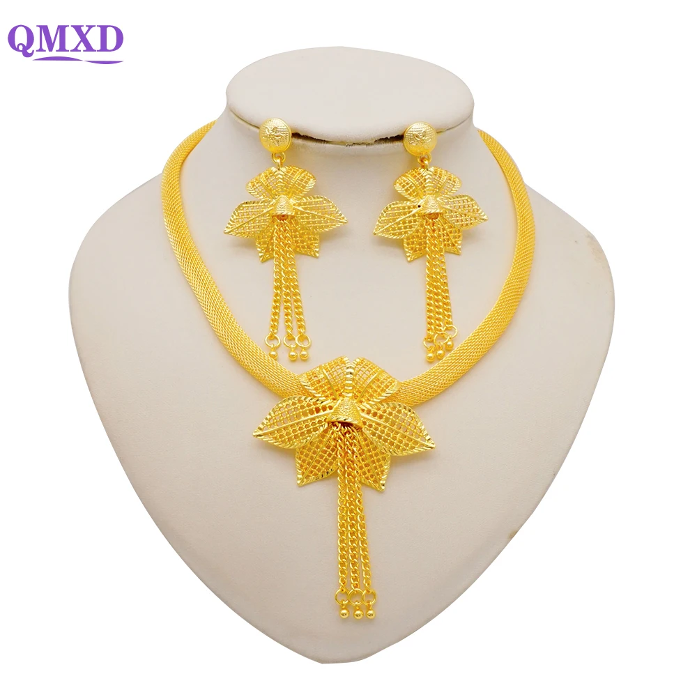 Ethiopian Dubai Gold Color Jewelery Sets For Women Girl Bridal Tassel Flower Pendant Necklace Earrings Jewelry Set Party Gifts
