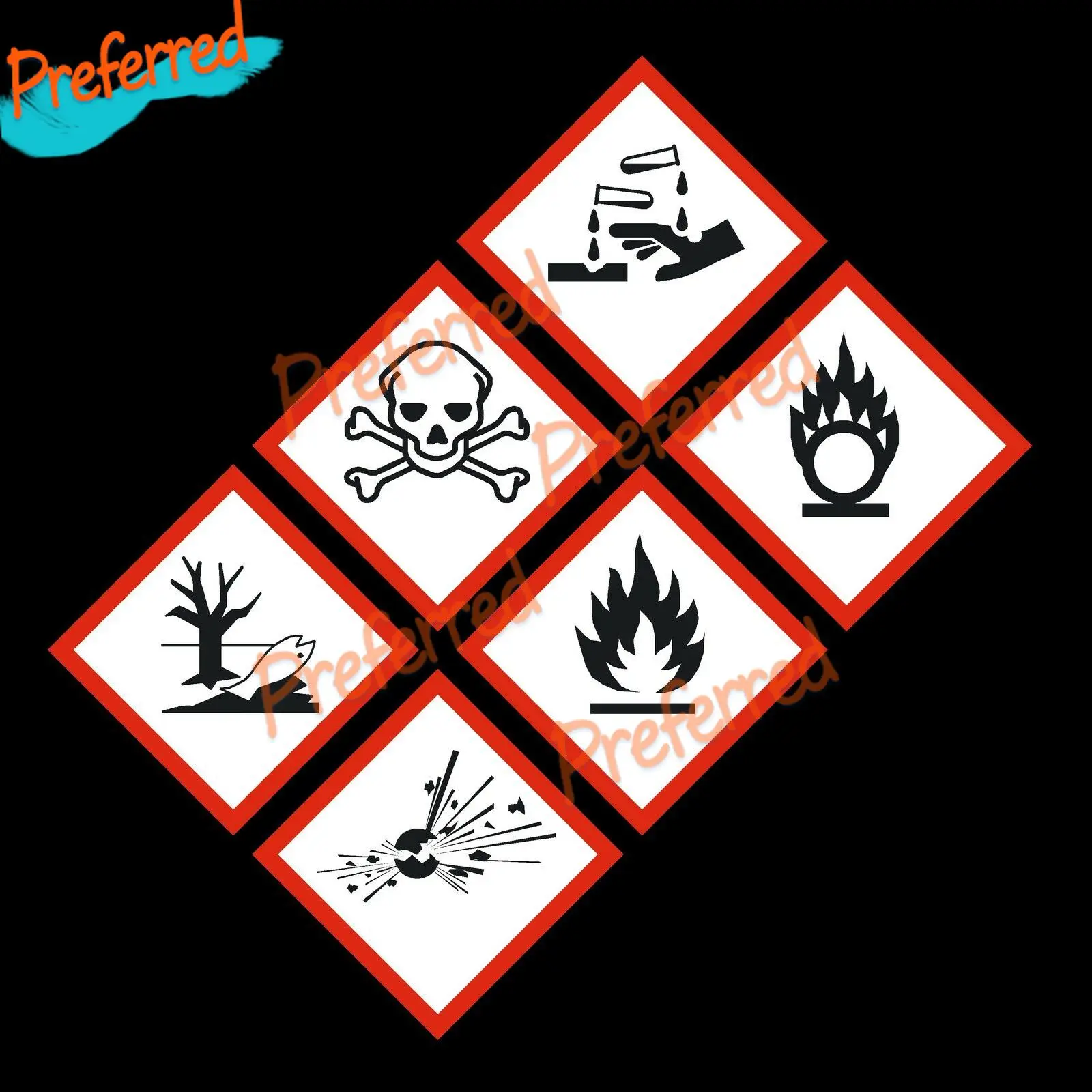 

GHS Hazard Warning Stickers - 50mm x 50mm - Gas, Explosive, Corrosive, Flammable