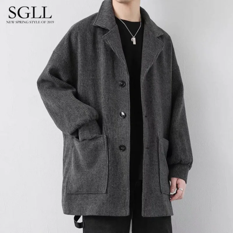 Corduroy woolen coat Men's winter mid-length over-the-knee windbreaker trend woolen coatMen's winter jackets parkas Man coat