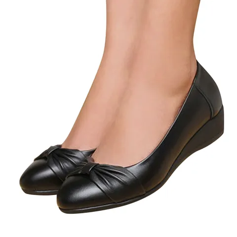 Женские туфли на танкетке из искусственной кожи, офисные туфли-лодочки с круглым носком и бантом, элегантная женская обувь на низком каблуке, шикарные черные туфли-лодочки