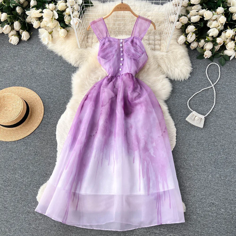 

French First Love Halter Dress Female Summer New Long Paragraph Magnanimous Gradient Tie-dye Fairy A Word Princess Dress