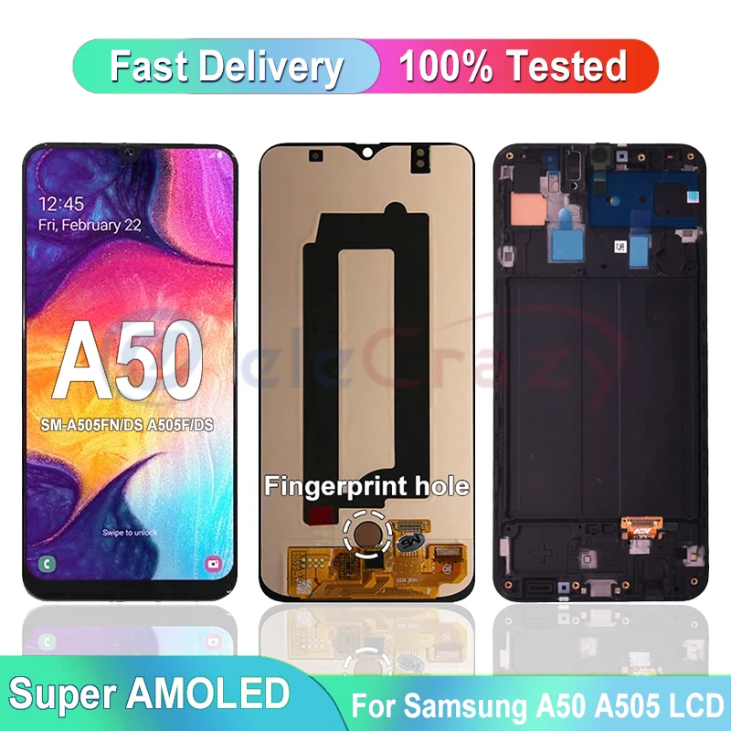 

ЖК-дисплей AMOLED для Samsung Galaxy A50 A505 SM-A505FN/DS A505F, ЖК-экран с сенсорным цифровым преобразователем в сборе со сканером отпечатков пальцев для Galaxy A50