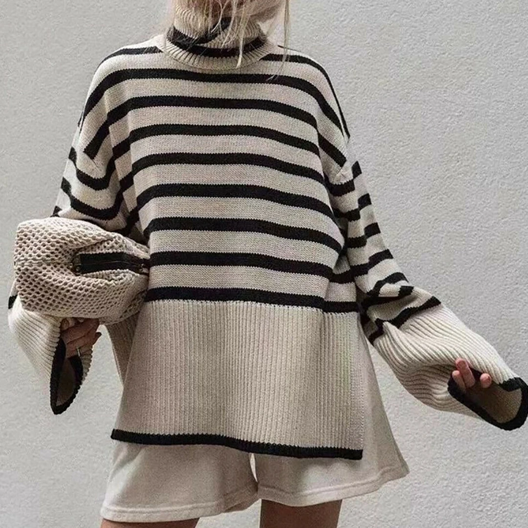 

Женская одежда высокого качества, простой стильный свободный свитер в полоску с высоким воротником, Женский Топ