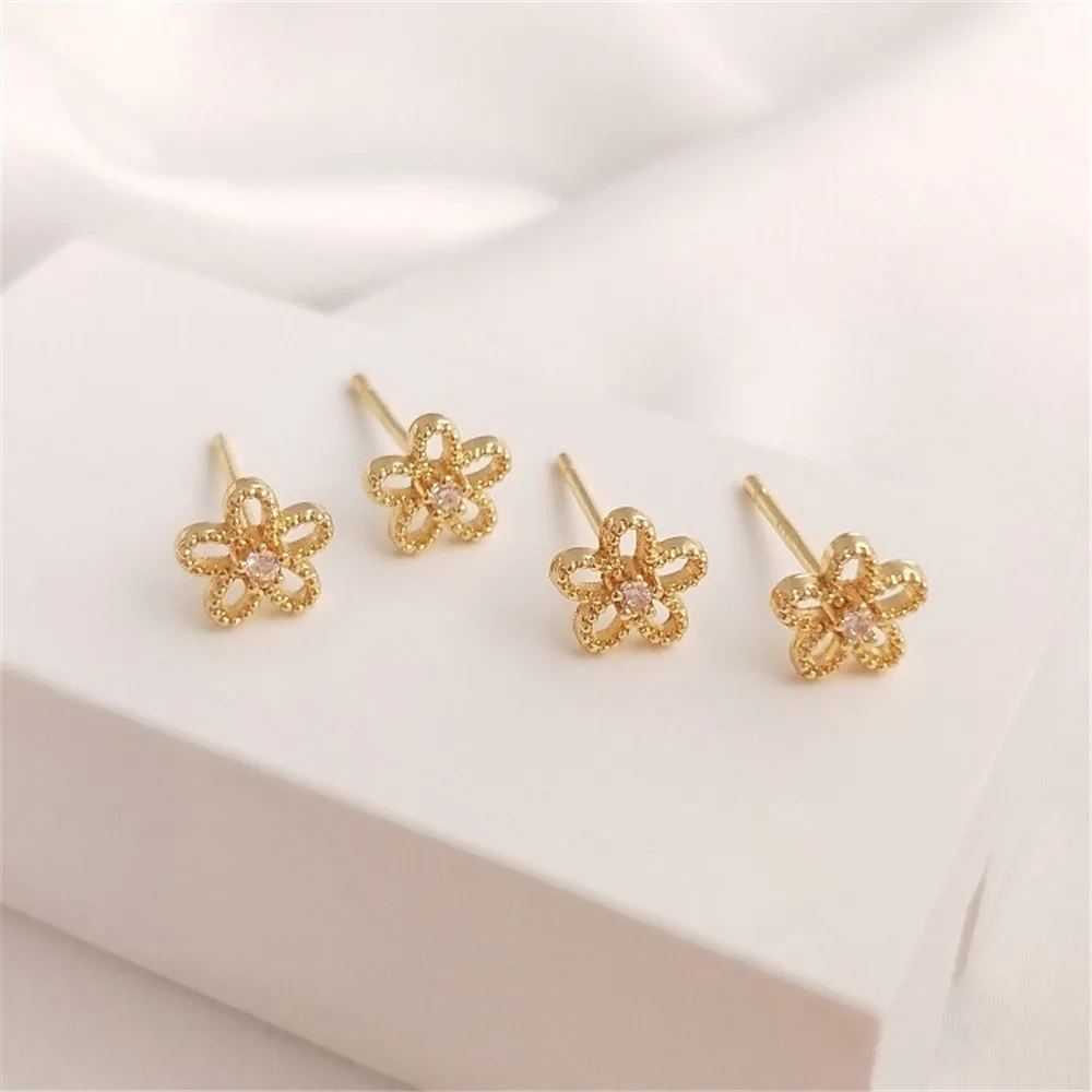 

S925 silver needle 14K gold color set with zircon hollow florets ear stud 7mm six petal flower ear pin exquisite earrings