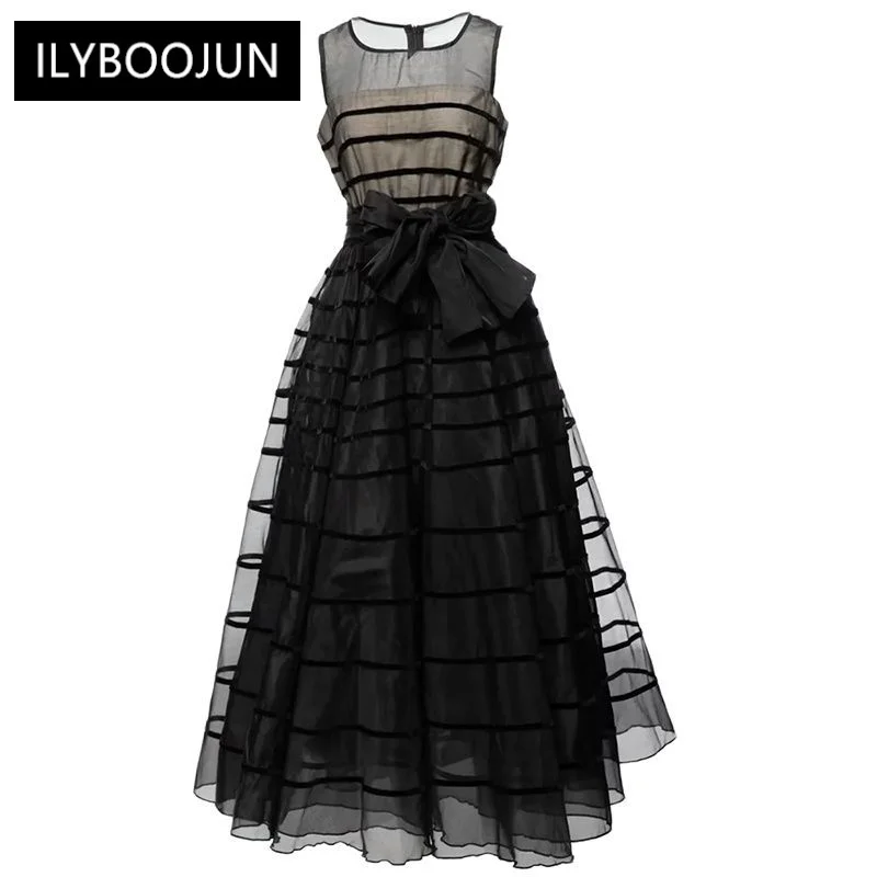 Dresses For Women 2023 Runway Luxury Brand Elegant Summer Long Mesh Dress O-Neck Sleeveless Belt High Waist Party Dresses