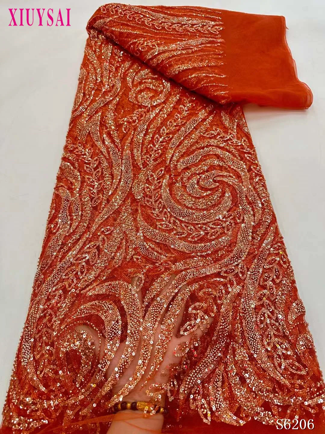 

Оранжевая французская кружевная ткань с блестками, горячая Распродажа, 2023 вышитая африканская сетчатая кружевная ткань ручной работы с бусинами для женского шитья