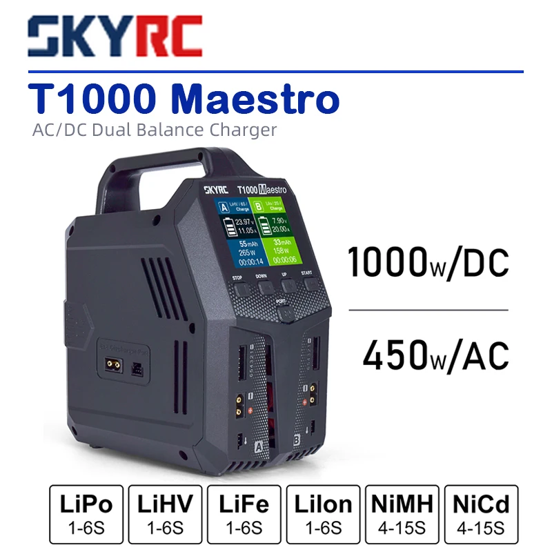 

SKYRC T1000 450W/1000W Charging Power Dual Channel Charging Balance Charger BD350 Discharger AC/DC 1-6S LiFe NiMH NiCd