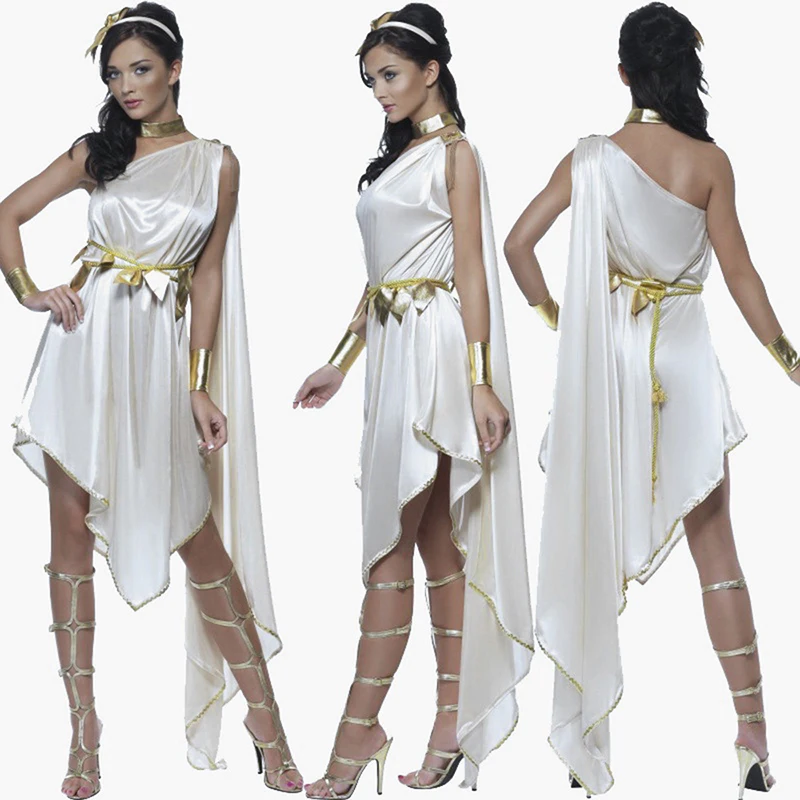 Lady Carnival Halloween Ancient Greek Goddess Athena Costume Asymmetrical Egyptian Robe Cosplay Fancy Party Dress