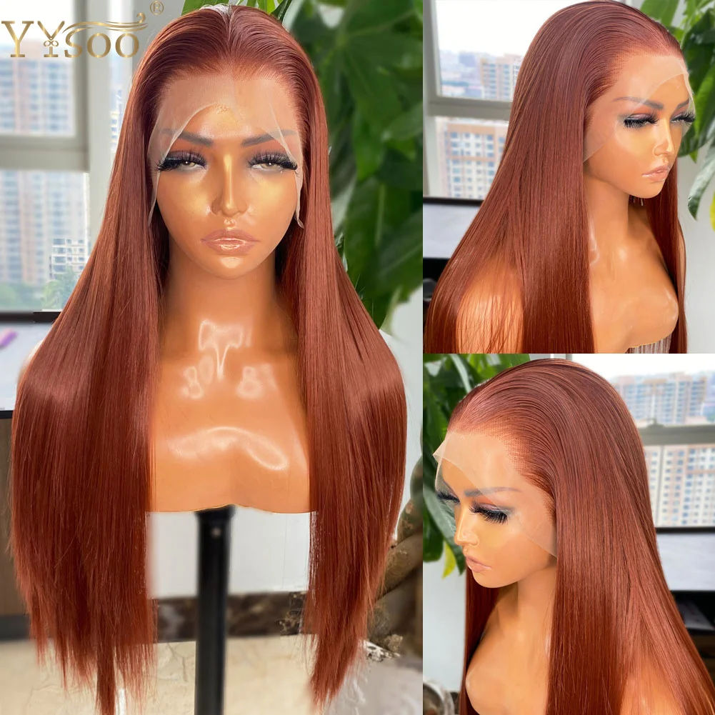 YYsoo Long Copper Brown13x4 Futura Synthetic Lace Front Wig Silky Straight Glueless Pre Plucked Wig Soft Smooth Natural Hairline