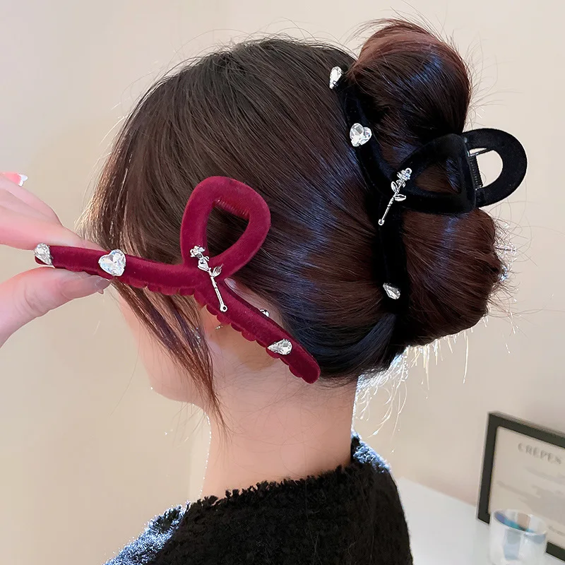 

Minar Korean Fashion Red Black Color Velvet Hair Claws for Women Ladies Shiny Rhinestones Heart Shark Clips Hair Accessories