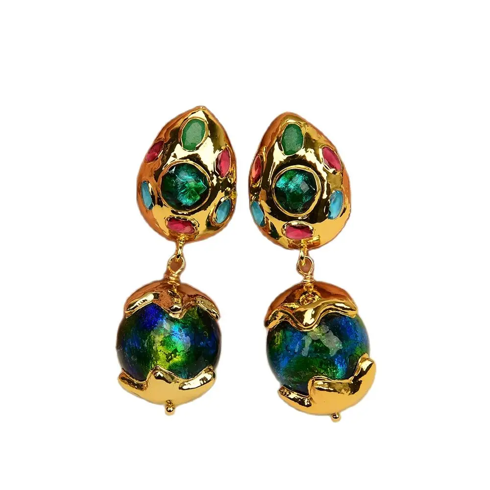 

GG Jewelry Big Blue Murano Glass Edge Gold Plated Earrings Green Moss Glass Paved Jade Stud Lady's Wedding Day Wear Girls Studs