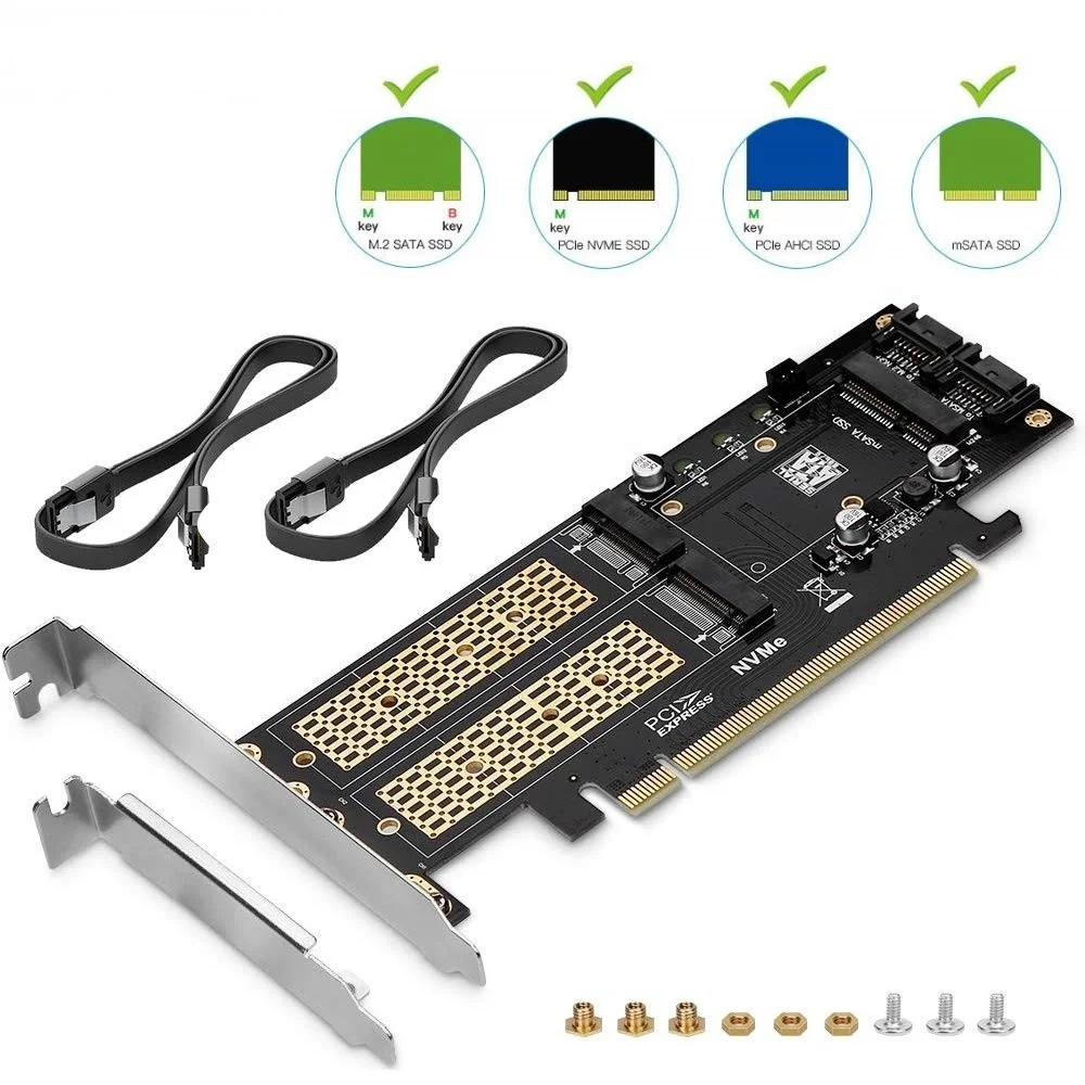 

Переходник + 2 SATA-кабеля, переходник 3-в-1 NGFF и mSATA SSD, M.2 NVME на PCIe 16X/M.2 SATA SSD на SATA III/mSATA-SATA