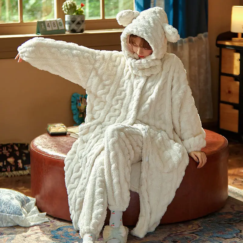 

Thickened Coral Fleece Women Pajamas Set Home Wear Cute Cartoon Bathrobe Sleepwear Winter Warm Flannel Nightwear Pijamas Suit