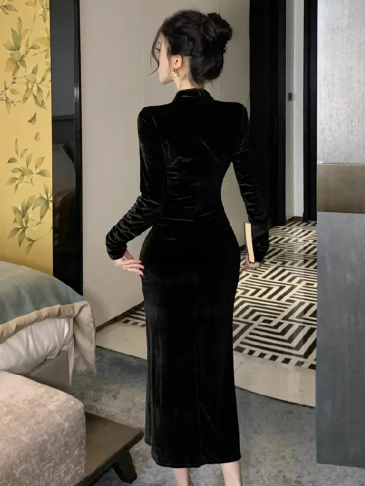 Ezgaga бархатные платья женские сексуальные вышивка воротник-стойка тонкий разрез