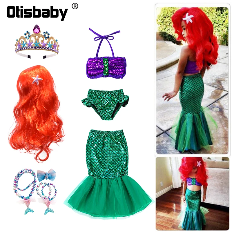 Ariel Dress for Girls Halloween Little Mermaid Costume Child Red Mermaid Wig Princess Shoes Christmas Ariel Dress Up Swimsuit