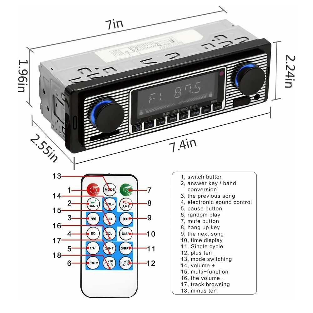 

Автомобильный стереопроигрыватель с MP3-плеером, Bluetooth, 4-канальный выход, FM, SD/USB/AUX, радио, стереопроигрыватель, цифровое аудио, музыка, USB/SD
