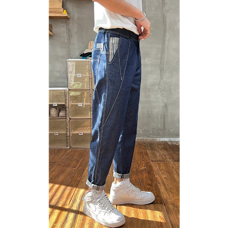 Men's Wear 2022 Autumn and Winter New Style Versatile Straight Nine Points Navy Blue Cargo Pants Loose Recreational Jeans Female