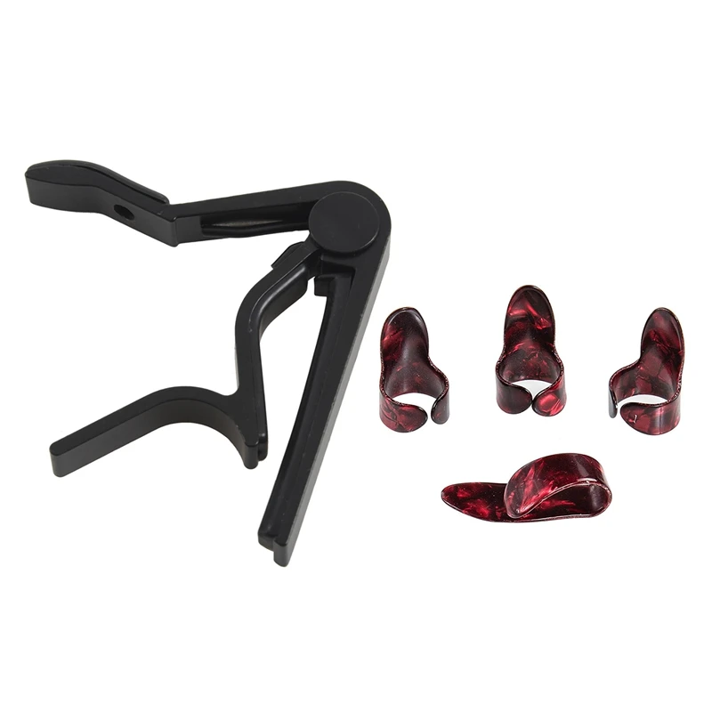 

5 шт. аксессуары: 1 шт. спусковой каподастр для акустической электрогитары и 4 шт. набор для гитары с набором пальцев для большого пальца и ука...