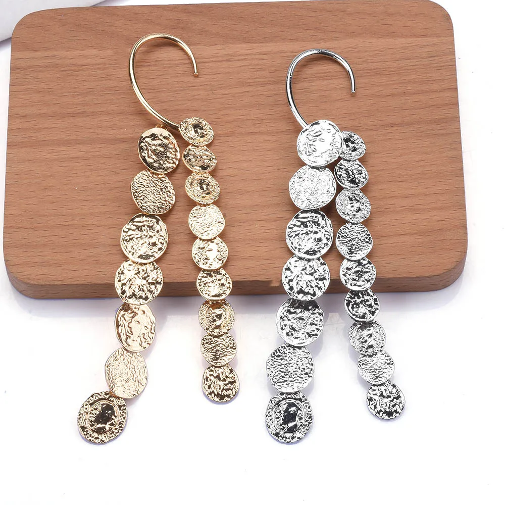 Новинка 2024 супер длинные золотые металлические круглые висячие серьги с