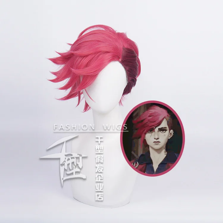 

Game LOL Arcane Vi Cosplay Wig VI 30cm Deep Rose Short Heat Resistant Synthetic Hair Woman And Man Role Play Wigs Cap