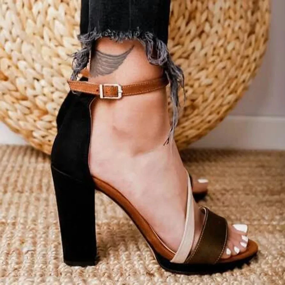 

Women Party Shoe Summer Sandals Mixed Colors Buckle Strap PU 10CM Square heel Japanese Style Office Work Women Shoes black