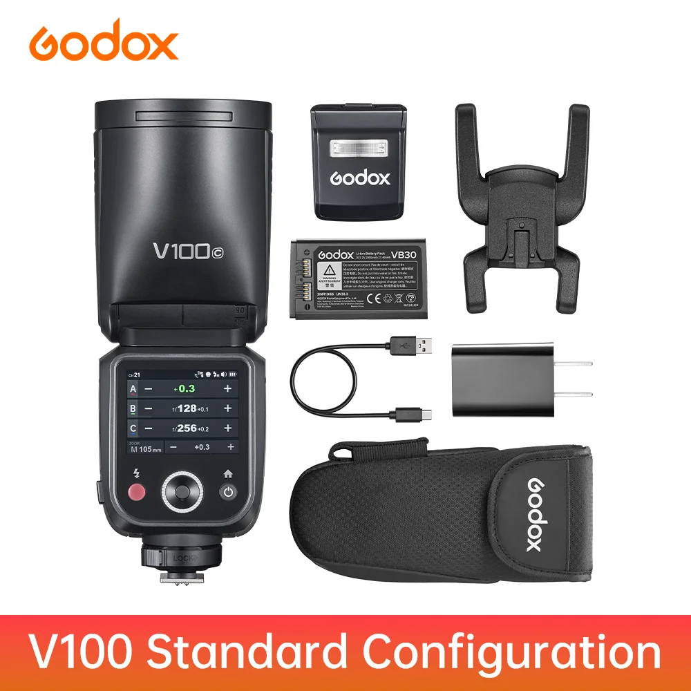 Фото Вспышка Godox V100 для камеры, 100 Втс, TTL, HSS, круглая головка, беспроводная передача данных, для Canon, Nikon, Sony, Fuji, Olympus №1