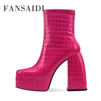 fansaidi winter chunky heels platform ankle boots zipper white ladies short boots fashion waterproof block heels big size 42 43